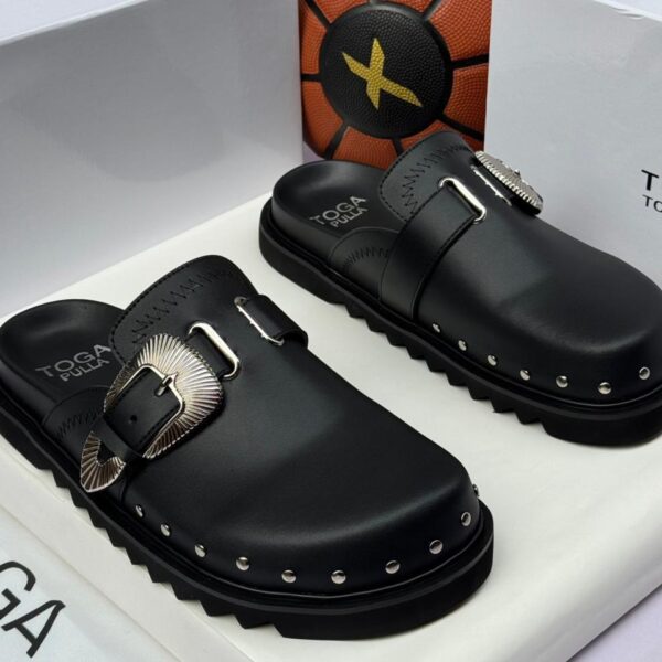 Toga Pulla Black Leather Mule Slides with Silver Buckle