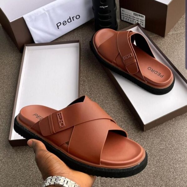 Brown Double Strap Slide Sandals with Black Sole