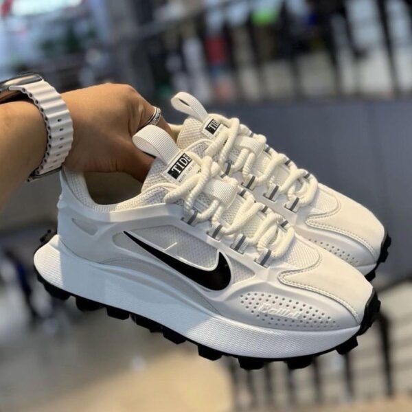 White Nike Running Shoes with Black Accents and Tide Label