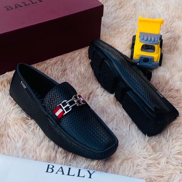 Bally Black Leather Loafers with Red and White Strap