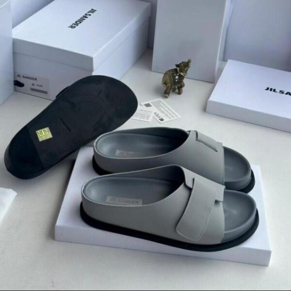 Jil Sander Gray Leather Slide Sandals with Black Outsole