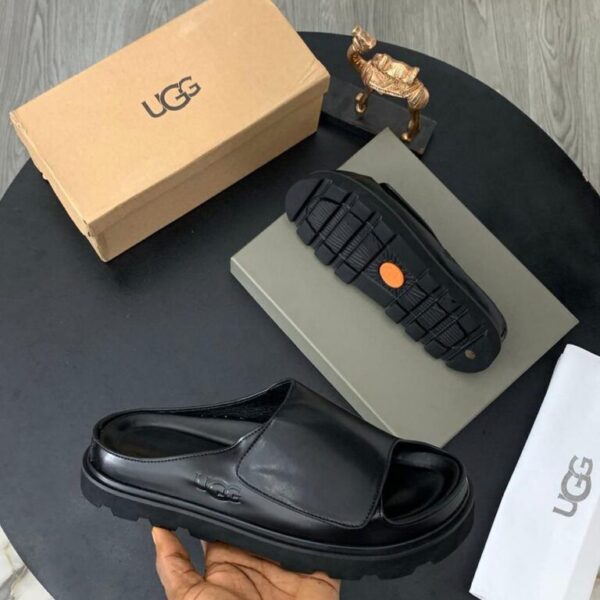Authentic UGG Black Leather Slide Sandals with Box and Dust Bag