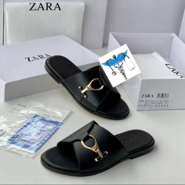 Zara Black Leather Slide Sandals with Gold Buckle