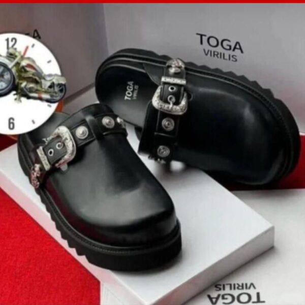 Toga Virilis Black Leather Clogs with Silver Buckles