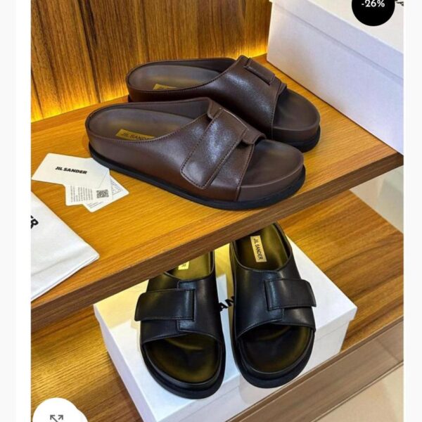 Jil Sander Double Strap Leather Slides in Brown and Black