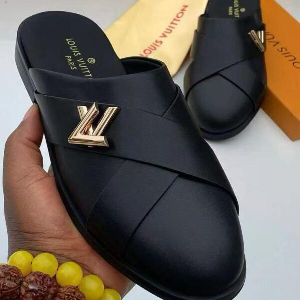 Louis Vuitton Black Leather Slide Sandals with Gold-Tone Logo