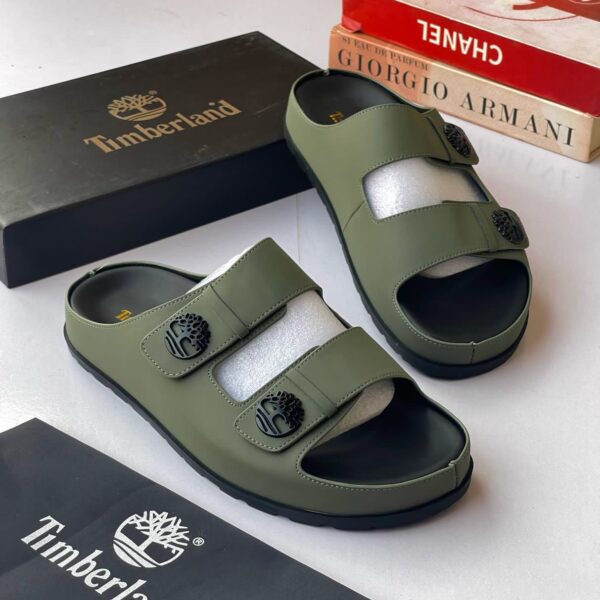 Timberland Olive Green Two-Strap Sandals with Black Soles and Logo Buckles