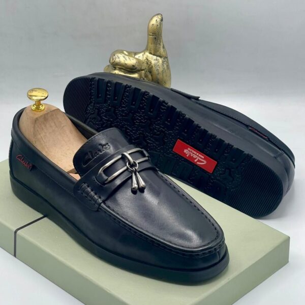Black Leather Loafers with Tassel and Buckle Detail