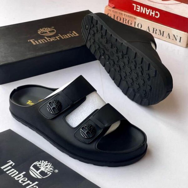 Timberland Black Leather Two-Strap Slide Sandals with Tree Logo Buckle
