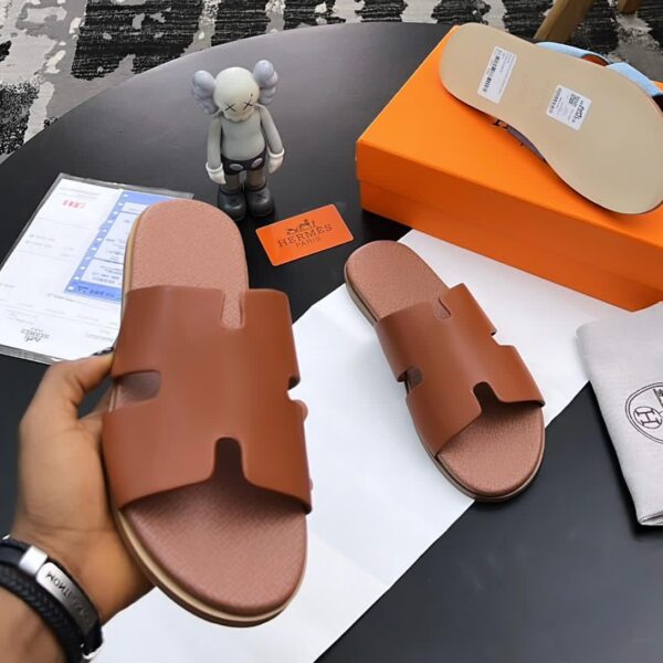 Hermes Paris Brown Leather Sandals with Distinctive Strap Design