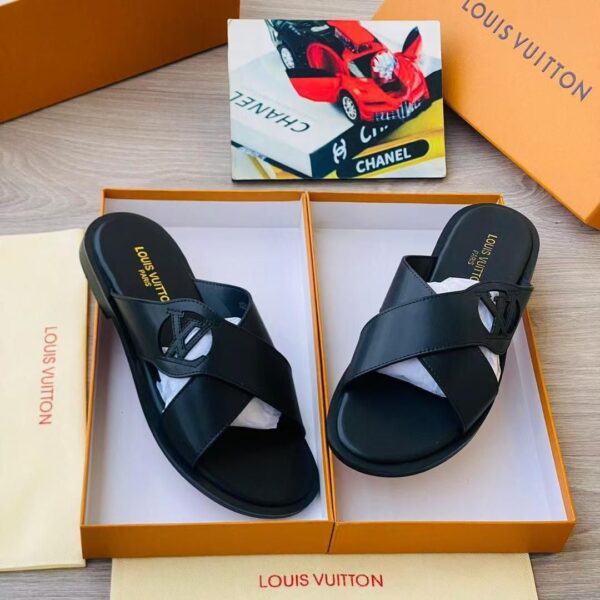 Louis Vuitton Black Leather Slide Sandals with Gold-Toned Logo