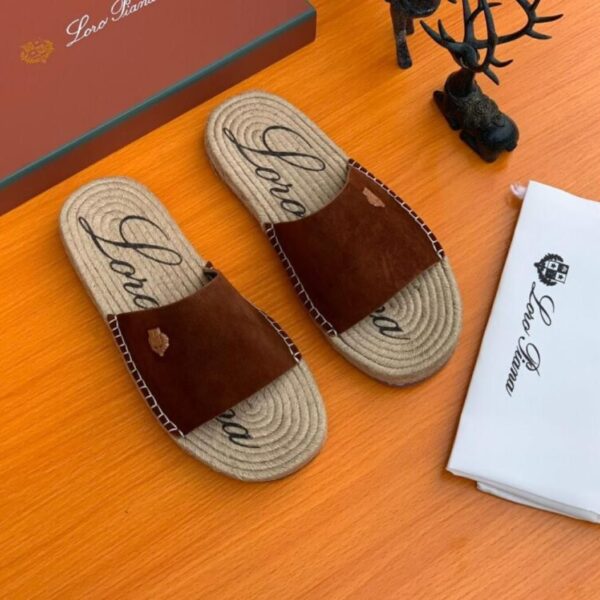 Loro Piana Brown Leather Slide Sandals with Jute Soles