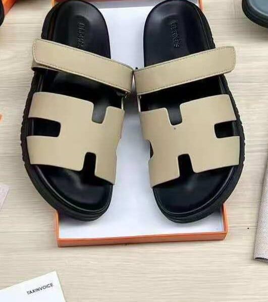 Hermes Black and Beige Leather Sandals