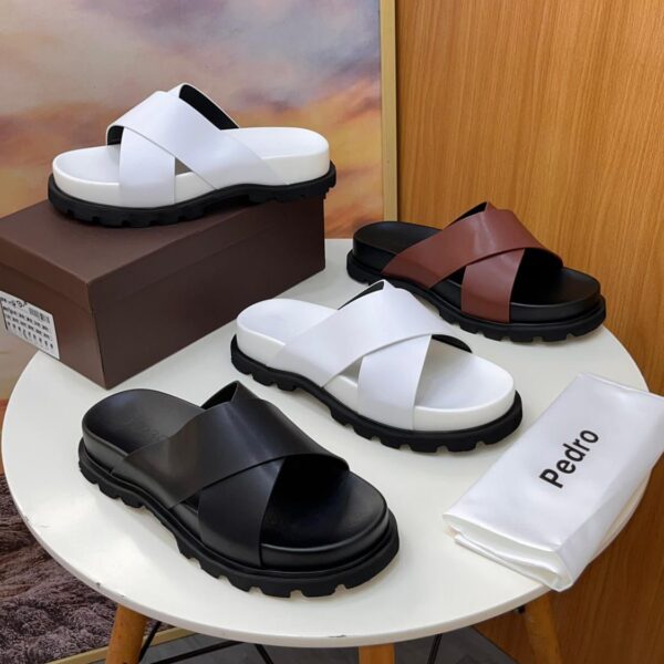 Pedro Two-Strap Leather Slide Sandals in Black, White, and Brown