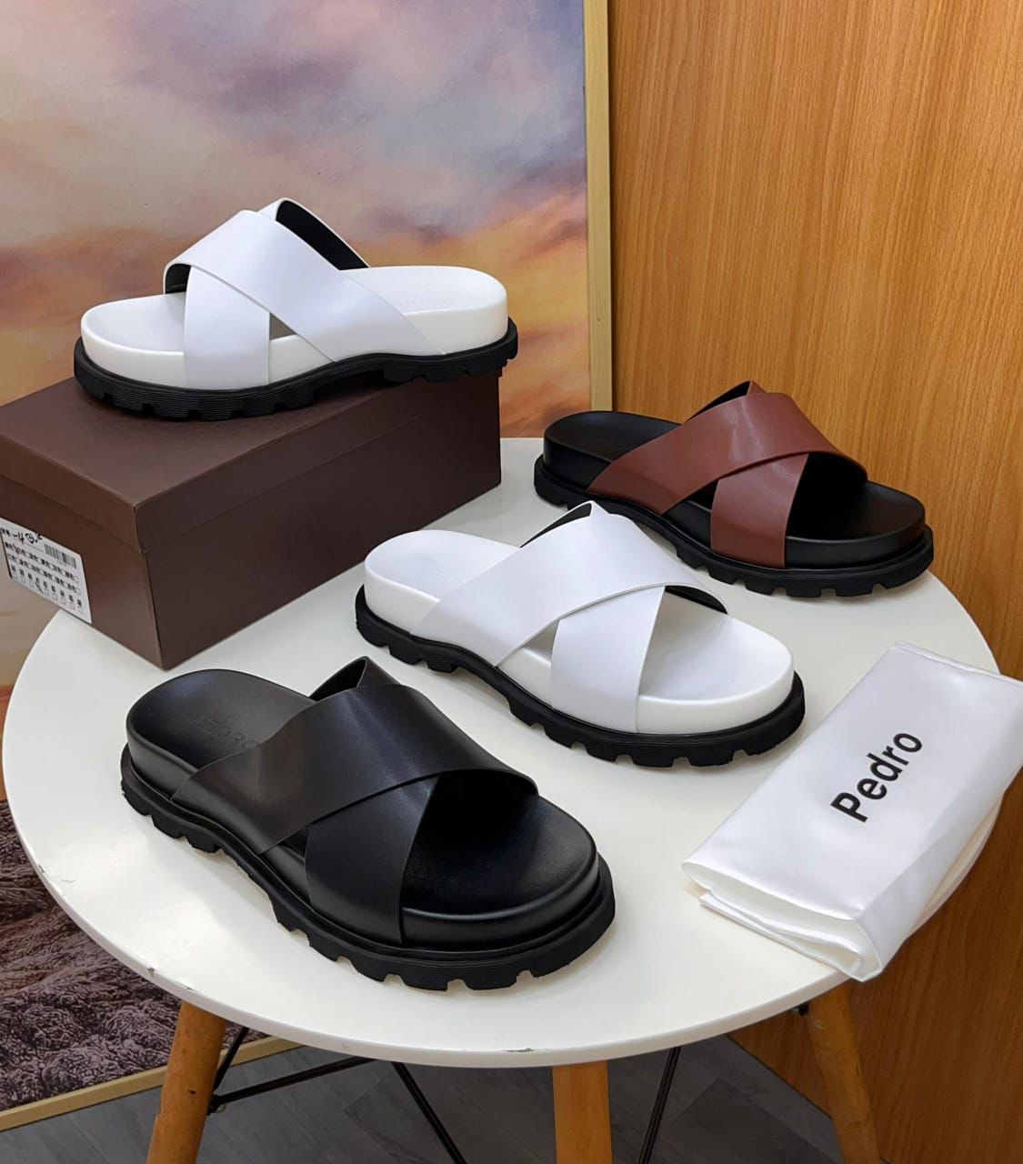 img-20260425-wa0048-bcklnR.jpg Pedro Two-Strap Leather Slide Sandals in Black, White, and Brown - Image 1