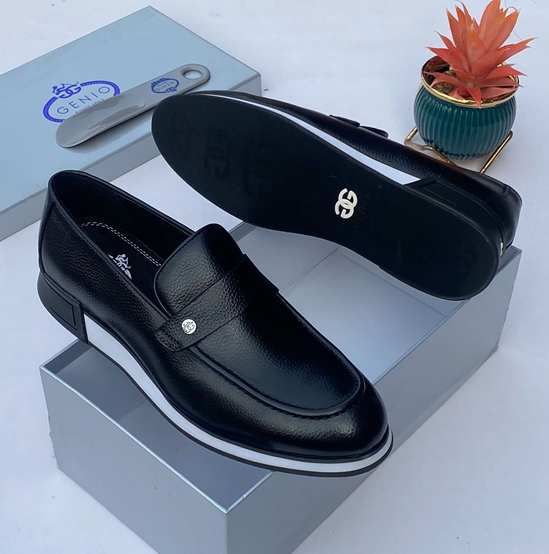 img-20260425-wa0050-U9eEsu.jpg Black Leather Loafers with White Sole and Silver Logo - Image 1