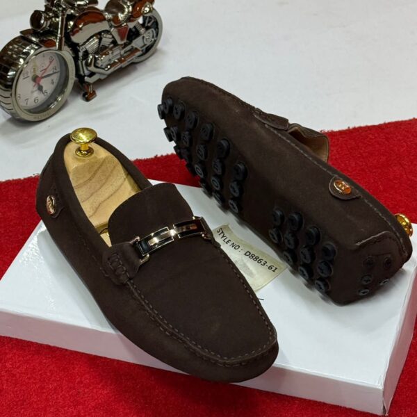 Brown Leather Loafers with Gold Buckle and Black Studs
